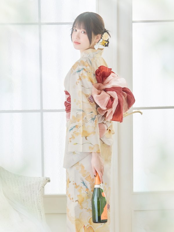 画像14: 【即日発送】イエローベージュフラワー浴衣  【浴衣３点セット 浴衣/帯/下駄】[YMT]