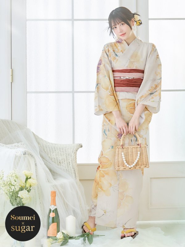 画像3: 【即日発送】イエローベージュフラワー浴衣  【浴衣３点セット 浴衣/帯/下駄】[YMT]