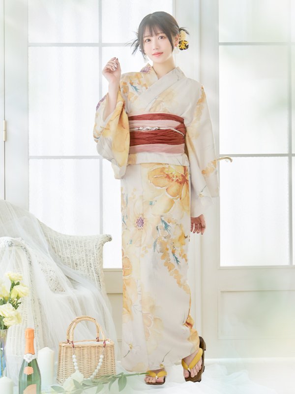 画像4: 【即日発送】イエローベージュフラワー浴衣  【浴衣３点セット 浴衣/帯/下駄】[YMT]