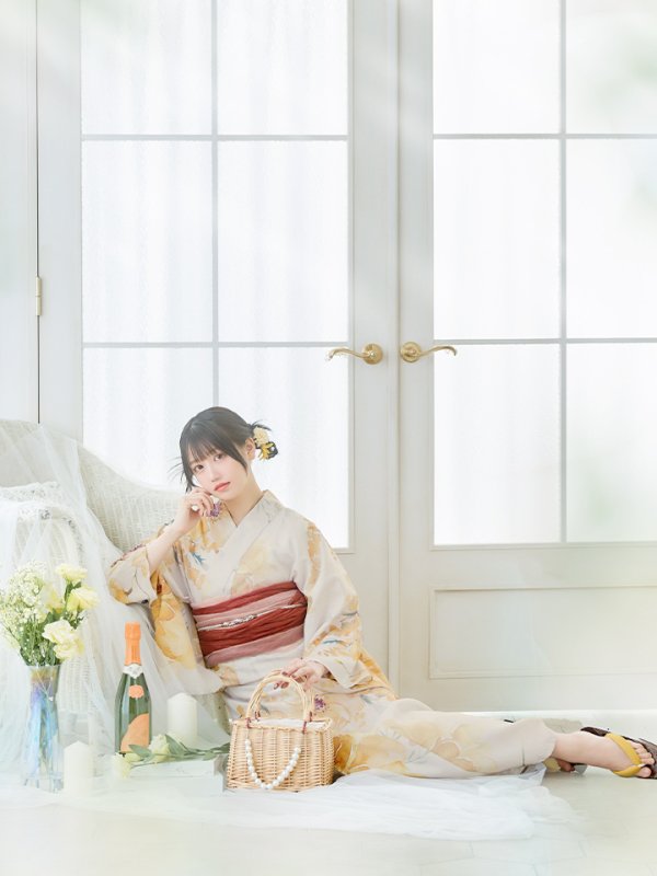 画像6: 【即日発送】イエローベージュフラワー浴衣  【浴衣３点セット 浴衣/帯/下駄】[YMT]