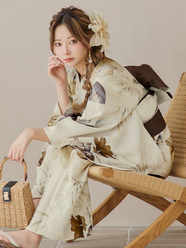 画像11: 【即日発送！】ブラウンベージュクラシックフラワー浴衣  【浴衣３点セット 浴衣/帯/下駄】[YMT]