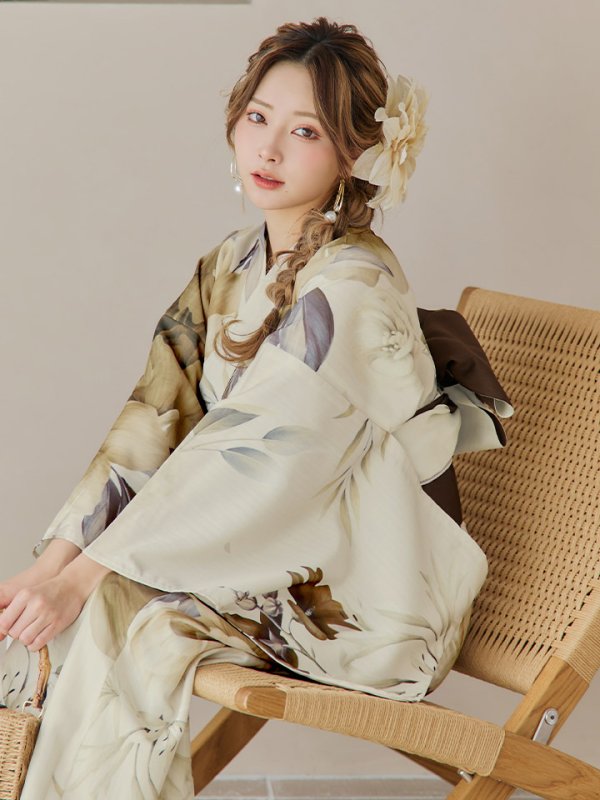 画像13: 【即日発送！】ブラウンベージュクラシックフラワー浴衣  【浴衣３点セット 浴衣/帯/下駄】[YMT]