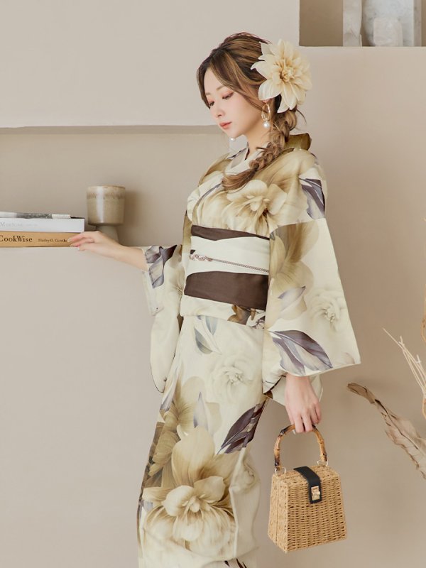 画像14: 【即日発送！】ブラウンベージュクラシックフラワー浴衣  【浴衣３点セット 浴衣/帯/下駄】[YMT]