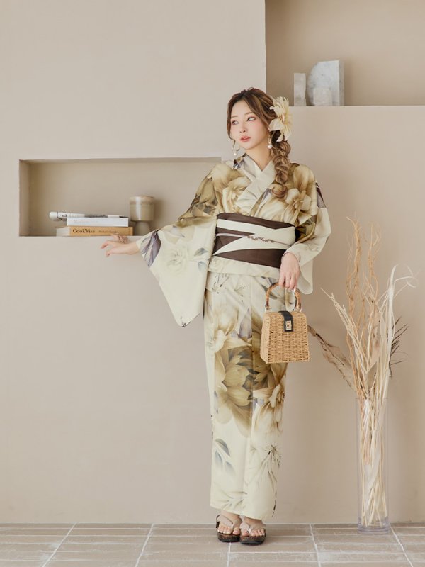 画像6: 【即日発送！】ブラウンベージュクラシックフラワー浴衣  【浴衣３点セット 浴衣/帯/下駄】[YMT]