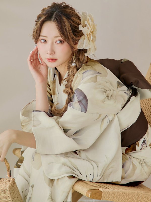 画像7: 【即日発送！】ブラウンベージュクラシックフラワー浴衣  【浴衣３点セット 浴衣/帯/下駄】[YMT]