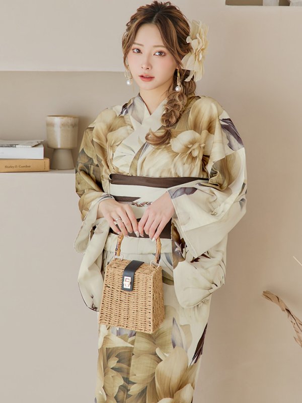 画像8: 【即日発送！】ブラウンベージュクラシックフラワー浴衣  【浴衣３点セット 浴衣/帯/下駄】[YMT]