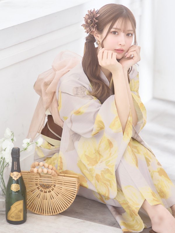 画像10: 【即日発送】グレージュ×イエローフラワー浴衣  【浴衣３点セット 浴衣/帯/下駄】[YMT]