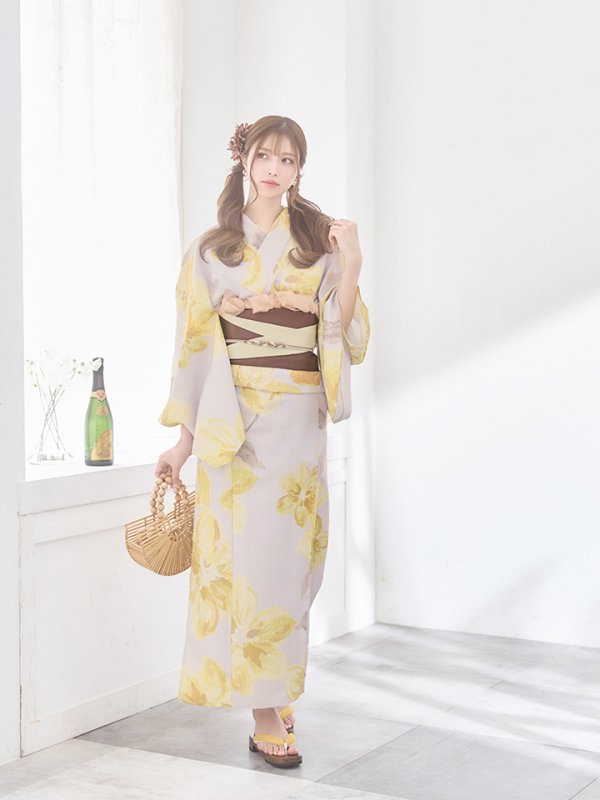 画像13: 【即日発送】グレージュ×イエローフラワー浴衣  【浴衣３点セット 浴衣/帯/下駄】[YMT]