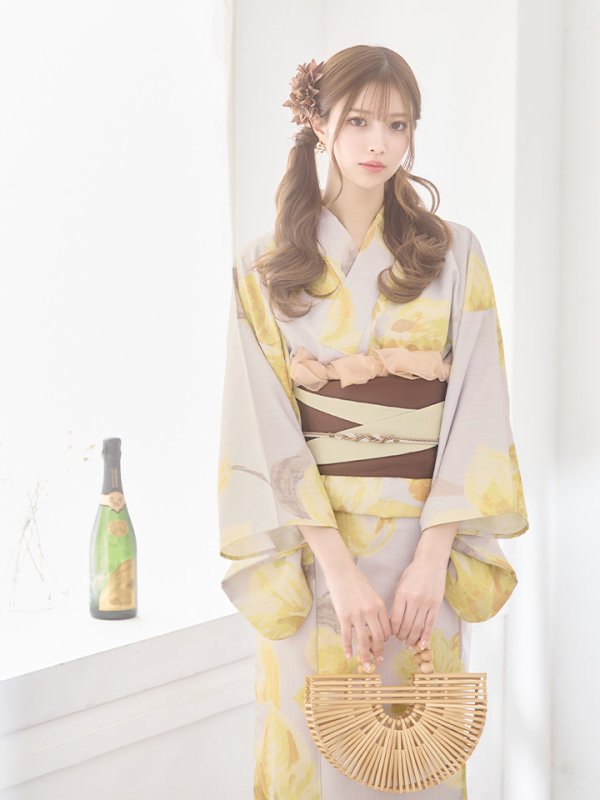 画像15: 【即日発送】グレージュ×イエローフラワー浴衣  【浴衣３点セット 浴衣/帯/下駄】[YMT]
