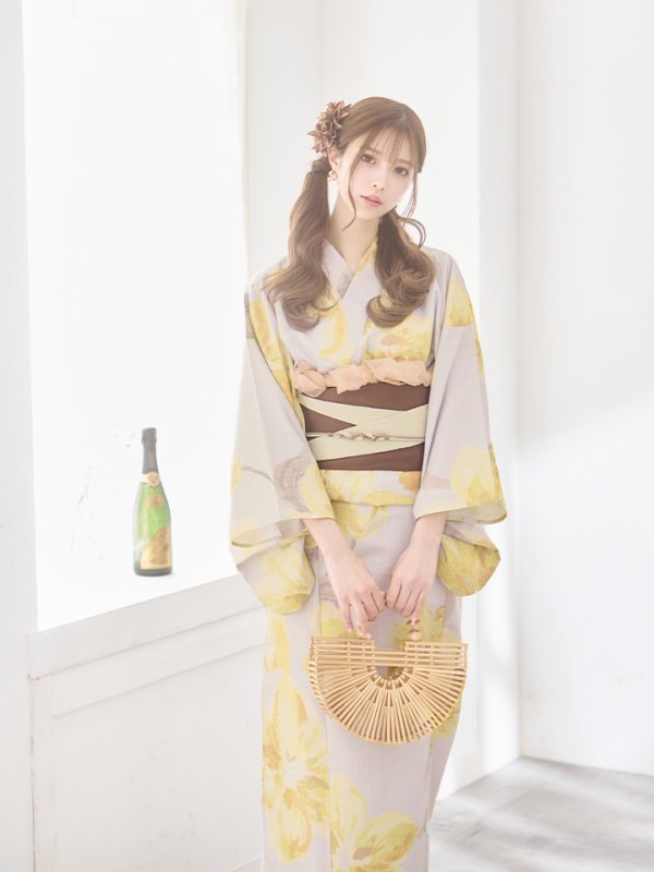 画像16: 【即日発送】グレージュ×イエローフラワー浴衣  【浴衣３点セット 浴衣/帯/下駄】[YMT]