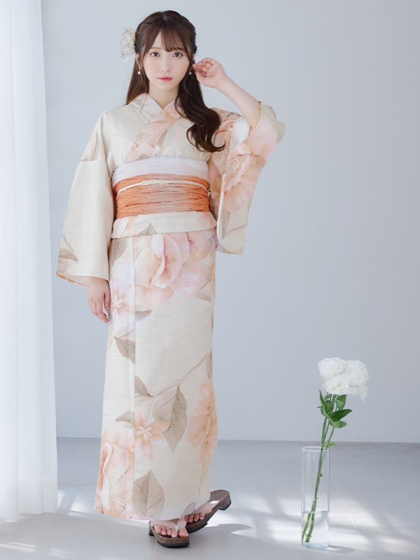 画像3: 【即日発送】ピンクベージュ牡丹浴衣  【浴衣３点セット 浴衣/帯/下駄】[YMT]