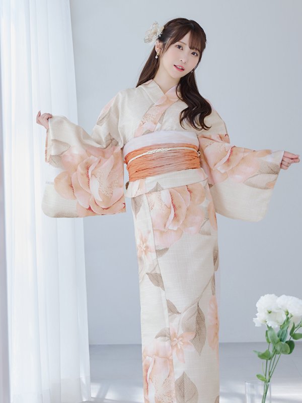 画像6: 【即日発送】ピンクベージュ牡丹浴衣  【浴衣３点セット 浴衣/帯/下駄】[YMT]