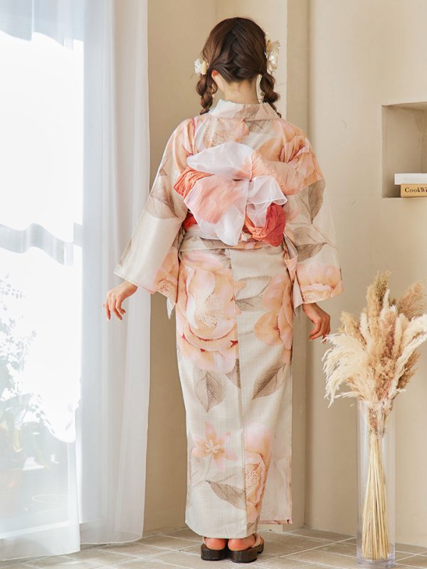 画像6: 【即日発送！】ピンクベージュ牡丹浴衣  【浴衣３点セット 浴衣/帯/下駄】[YMT]