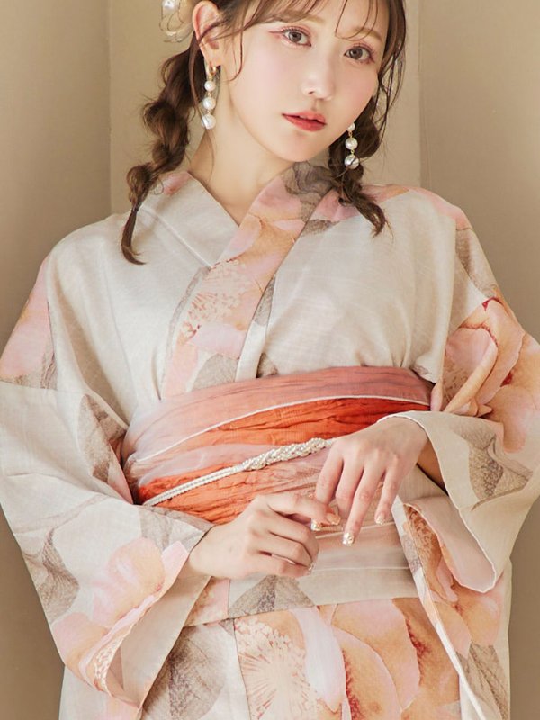 画像5: 【即日発送！】ピンクベージュ牡丹浴衣  【浴衣３点セット 浴衣/帯/下駄】[YMT]