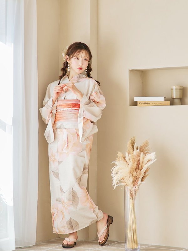 画像3: 【即日発送！】ピンクベージュ牡丹浴衣  【浴衣３点セット 浴衣/帯/下駄】[YMT]