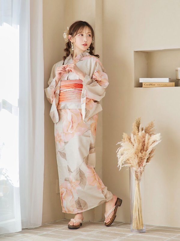 画像13: 【即日発送！】ピンクベージュ牡丹浴衣  【浴衣３点セット 浴衣/帯/下駄】[YMT]