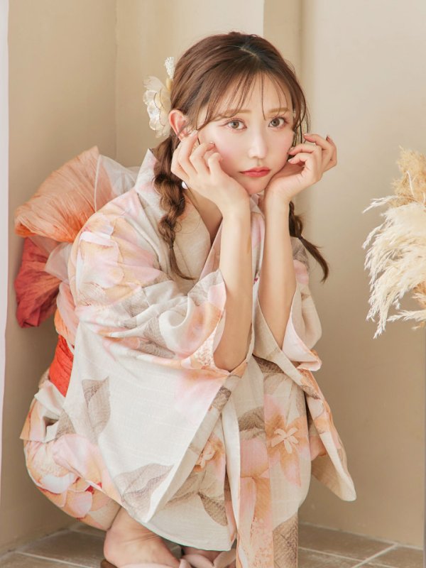 画像7: 【即日発送！】ピンクベージュ牡丹浴衣  【浴衣３点セット 浴衣/帯/下駄】[YMT]