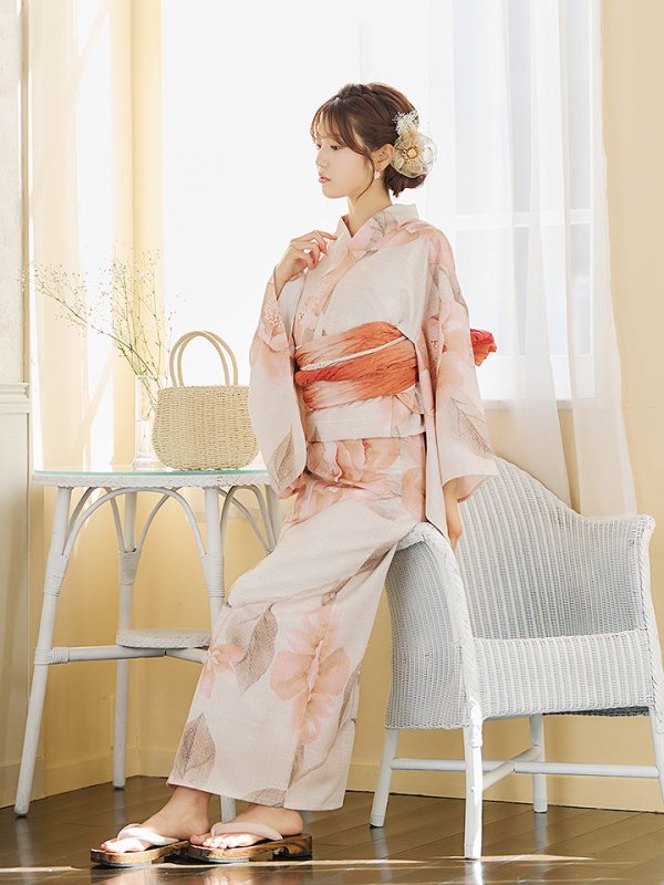画像6: 【即日発送】ピンクベージュ牡丹浴衣  【浴衣３点セット 浴衣/帯/下駄】[YMT]