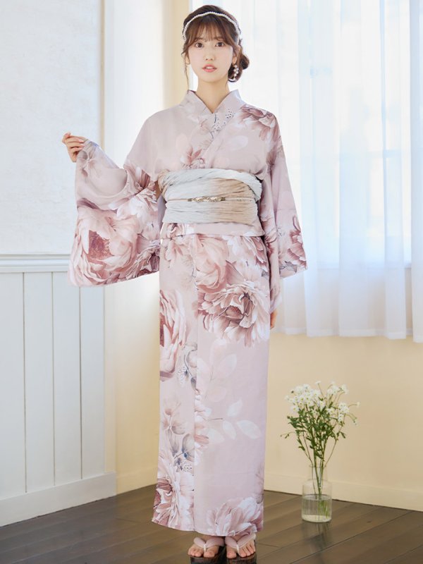 画像4: 【即日発送】くすみピンクアンティークフラワー浴衣  【浴衣３点セット 浴衣/帯/下駄】[YMT]