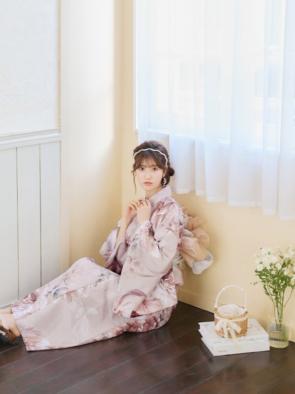 画像5: 【即日発送】くすみピンクアンティークフラワー浴衣  【浴衣３点セット 浴衣/帯/下駄】[YMT]