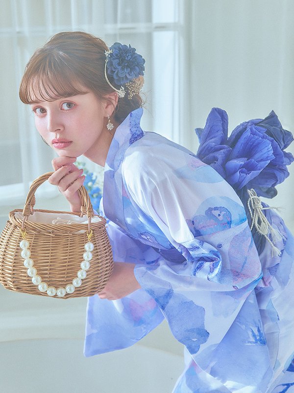 画像10: 【即日発送】水彩フラワーブルー浴衣  【浴衣３点セット 浴衣/帯/下駄】[YMT]