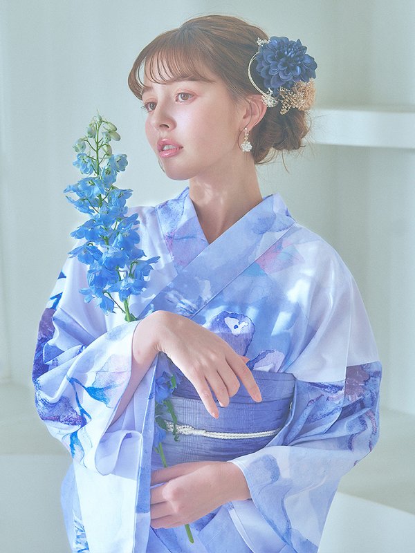 画像13: 【即日発送】水彩フラワーブルー浴衣  【浴衣３点セット 浴衣/帯/下駄】[YMT]
