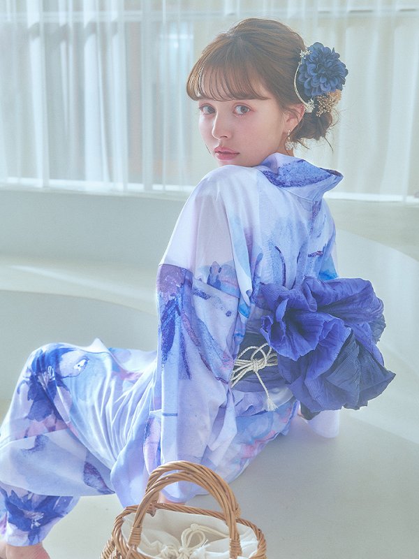 画像3: 【即日発送】水彩フラワーブルー浴衣  【浴衣３点セット 浴衣/帯/下駄】[YMT]