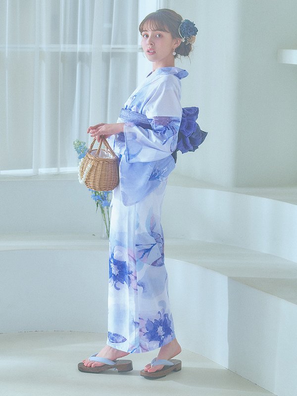 画像4: 【即日発送】水彩フラワーブルー浴衣  【浴衣３点セット 浴衣/帯/下駄】[YMT]