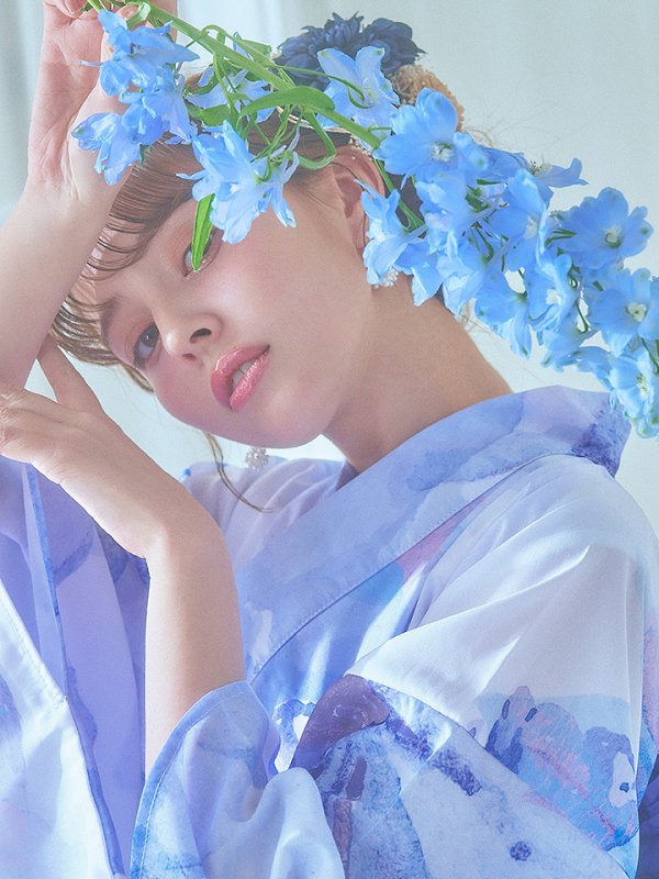 画像6: 【即日発送】水彩フラワーブルー浴衣  【浴衣３点セット 浴衣/帯/下駄】[YMT]