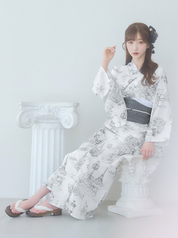 画像10: 【即日発送】【Riuコラボ】白地×パリの街浴衣  【浴衣３点セット 浴衣/帯/下駄】[yo/YMT]