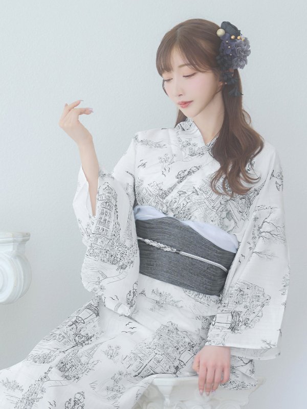 画像11: 【即日発送】【Riuコラボ】白地×パリの街浴衣  【浴衣３点セット 浴衣/帯/下駄】[yo/YMT]