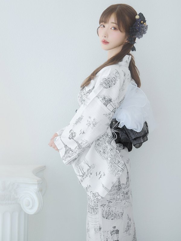 画像12: 【即日発送】【Riuコラボ】白地×パリの街浴衣  【浴衣３点セット 浴衣/帯/下駄】[yo/YMT]
