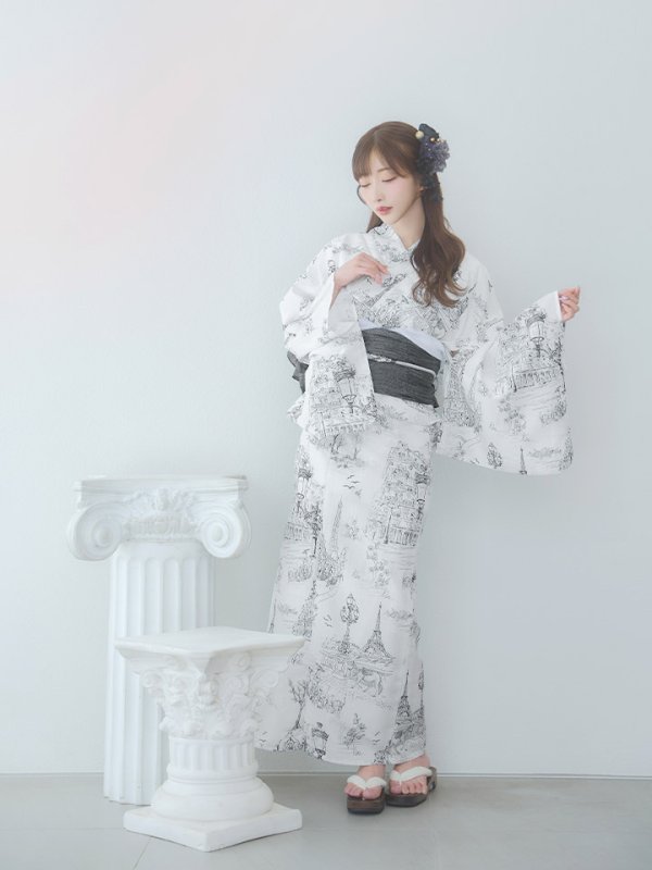 画像13: 【即日発送】【Riuコラボ】白地×パリの街浴衣  【浴衣３点セット 浴衣/帯/下駄】[yo/YMT]