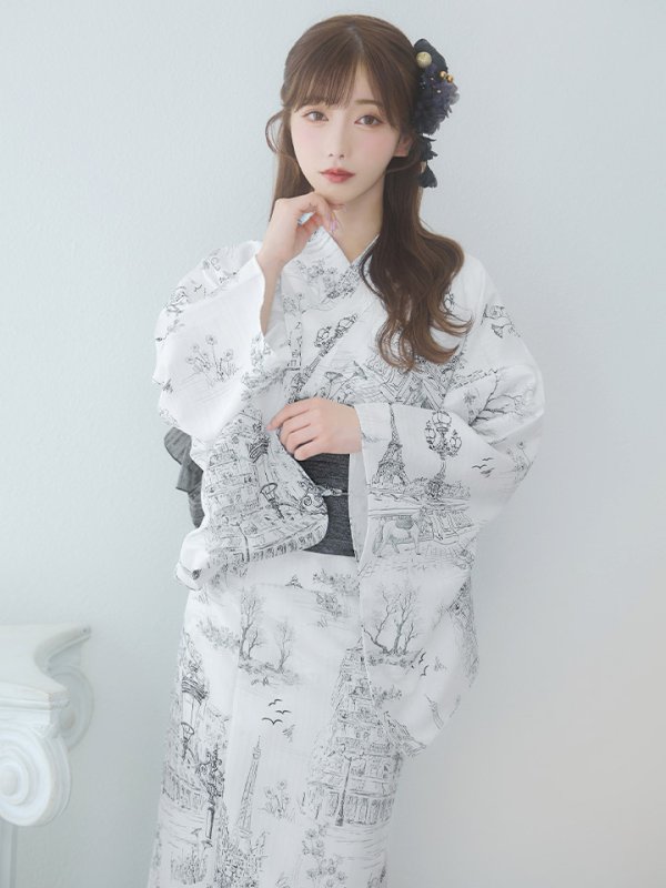 画像14: 【即日発送】【Riuコラボ】白地×パリの街浴衣  【浴衣３点セット 浴衣/帯/下駄】[yo/YMT]