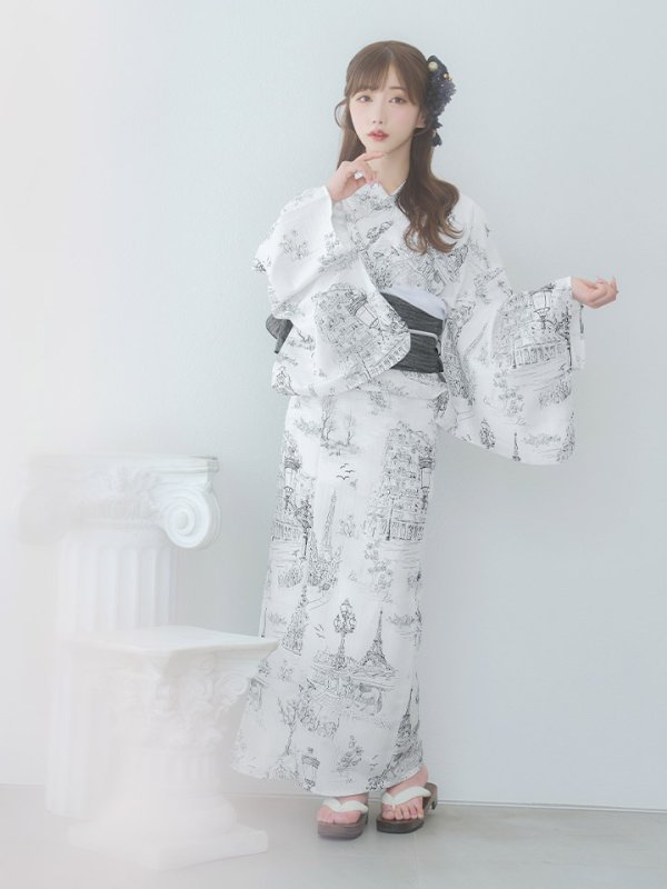 画像15: 【即日発送】【Riuコラボ】白地×パリの街浴衣  【浴衣３点セット 浴衣/帯/下駄】[yo/YMT]