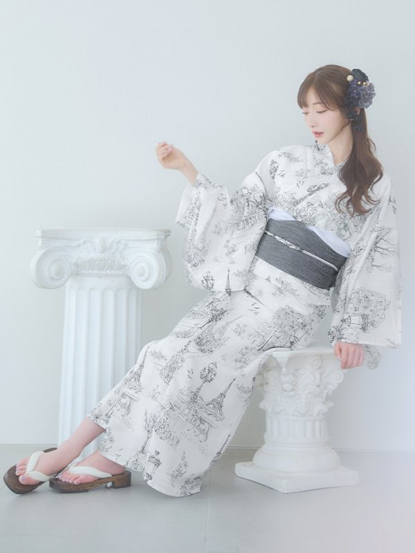 画像16: 【即日発送】【Riuコラボ】白地×パリの街浴衣  【浴衣３点セット 浴衣/帯/下駄】[yo/YMT]