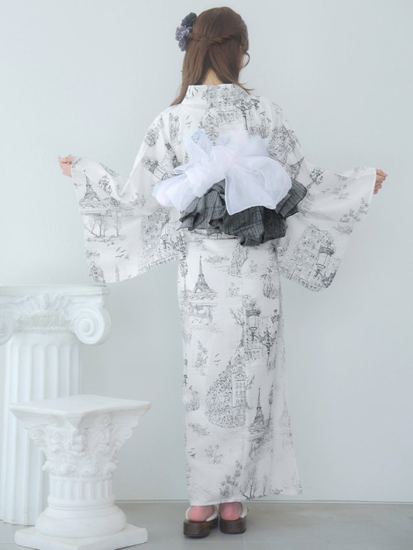 画像18: 【即日発送】【Riuコラボ】白地×パリの街浴衣  【浴衣３点セット 浴衣/帯/下駄】[yo/YMT]