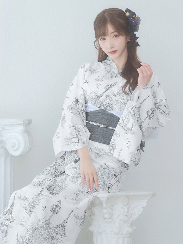 画像3: 【即日発送】【Riuコラボ】白地×パリの街浴衣  【浴衣３点セット 浴衣/帯/下駄】[yo/YMT]