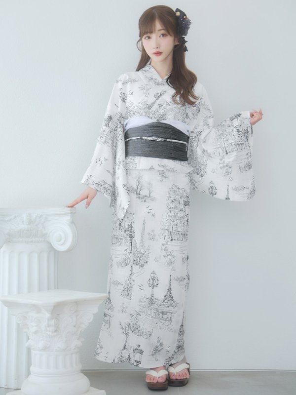 画像4: 【即日発送】【Riuコラボ】白地×パリの街浴衣  【浴衣３点セット 浴衣/帯/下駄】[yo/YMT]