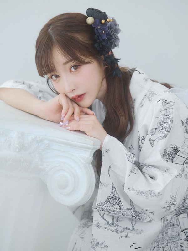 画像5: 【即日発送】【Riuコラボ】白地×パリの街浴衣  【浴衣３点セット 浴衣/帯/下駄】[yo/YMT]