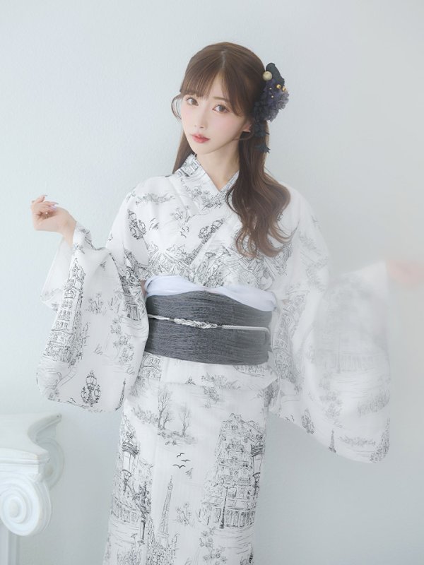 画像6: 【即日発送】【Riuコラボ】白地×パリの街浴衣  【浴衣３点セット 浴衣/帯/下駄】[yo/YMT]