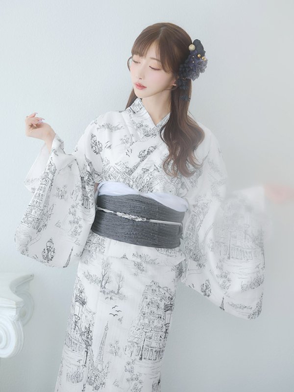 画像7: 【即日発送】【Riuコラボ】白地×パリの街浴衣  【浴衣３点セット 浴衣/帯/下駄】[yo/YMT]