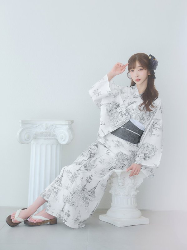 画像8: 【即日発送】【Riuコラボ】白地×パリの街浴衣  【浴衣３点セット 浴衣/帯/下駄】[yo/YMT]