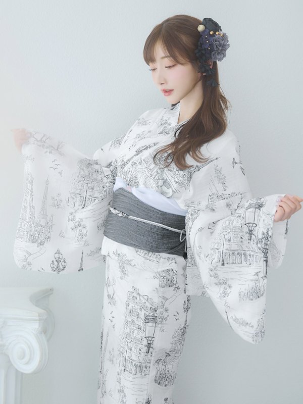 画像9: 【即日発送】【Riuコラボ】白地×パリの街浴衣  【浴衣３点セット 浴衣/帯/下駄】[yo/YMT]