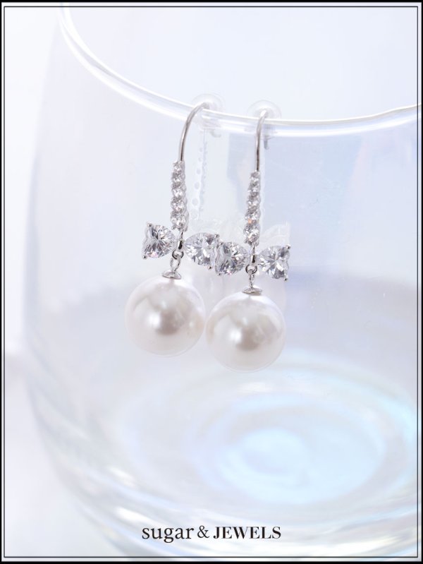 画像1: 【ピアス】ハートビジューリボンパールフックピアス【Fサイズ/1カラー】[OF02] 