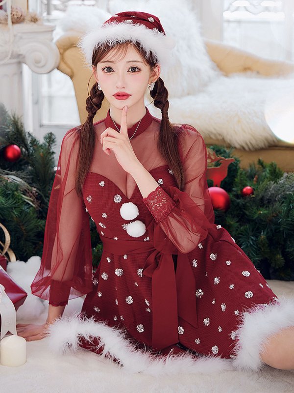 画像4: 【ノベルティ対象】【即日発送！】【サンタコス 4点セット】【XS-XLサイズ/1カラー】チュールロングスリーブハイネックサンタ[YMT]