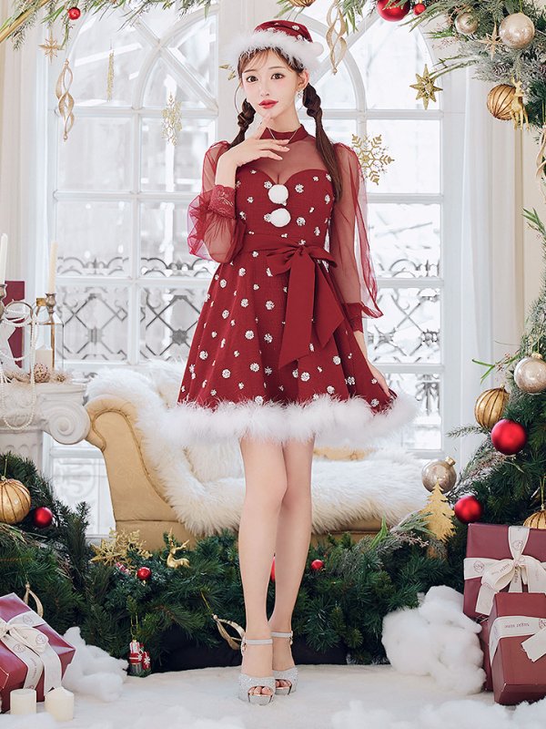 画像5: 【ノベルティ対象】【即日発送！】【サンタコス 4点セット】【XS-XLサイズ/1カラー】チュールロングスリーブハイネックサンタ[YMT]