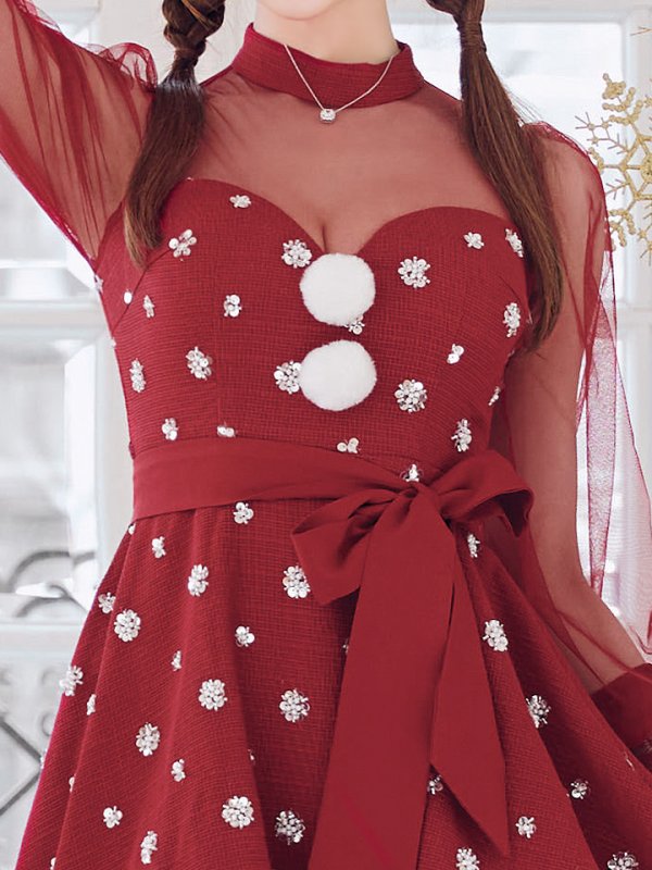 画像6: 【ノベルティ対象】【即日発送！】【サンタコス 4点セット】【XS-XLサイズ/1カラー】チュールロングスリーブハイネックサンタ[YMT]