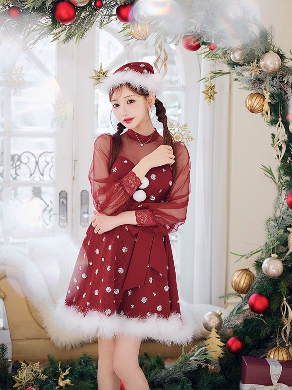 画像8: 【ノベルティ対象】【即日発送！】【サンタコス 4点セット】【XS-XLサイズ/1カラー】チュールロングスリーブハイネックサンタ[YMT]