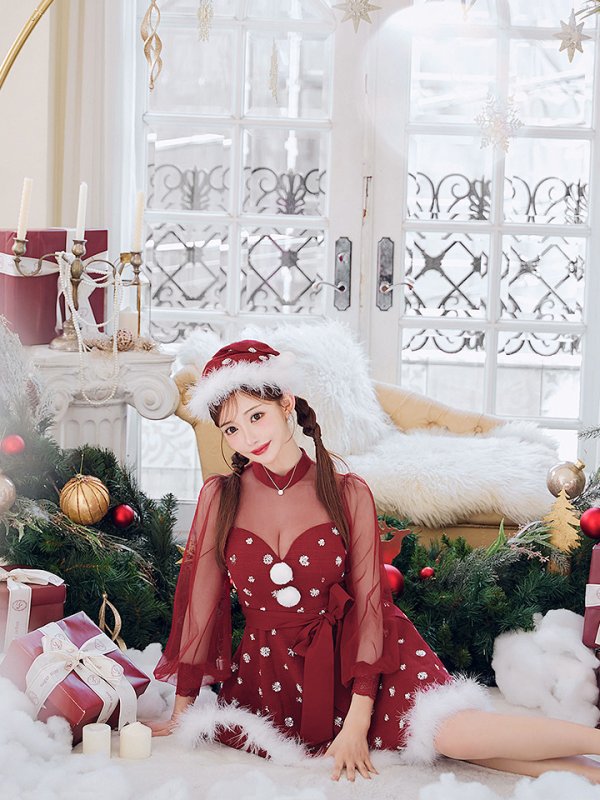 画像9: 【ノベルティ対象】【即日発送！】【サンタコス 4点セット】【XS-XLサイズ/1カラー】チュールロングスリーブハイネックサンタ[YMT]